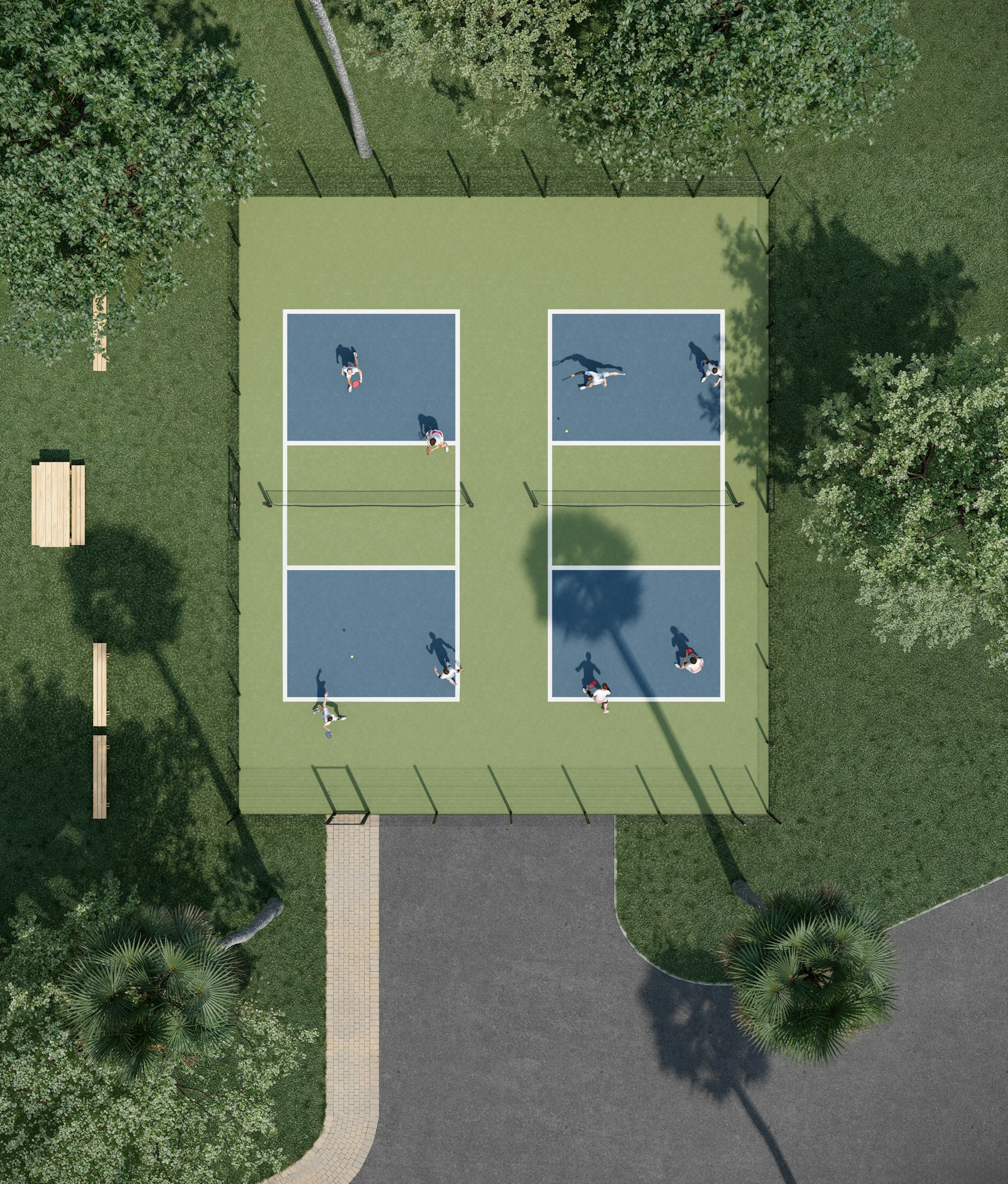 Aerial artwork of outdoor pickleball courts with palm trees